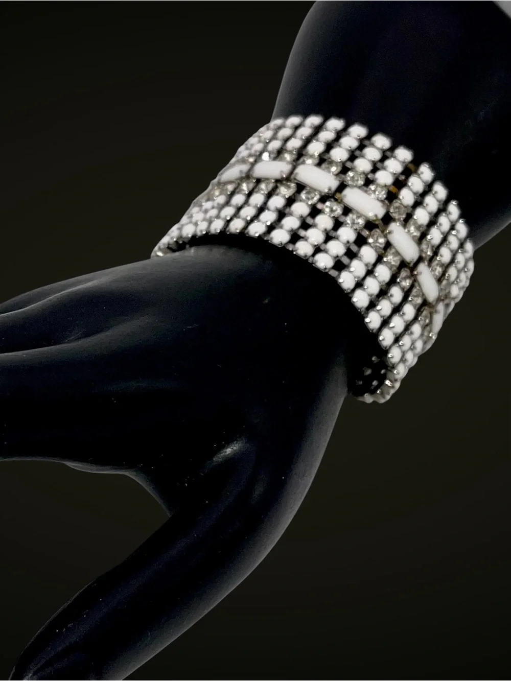 Stunning Vintage MidCentury Milk Glass and Rhinestone Statement Bracelet Estate